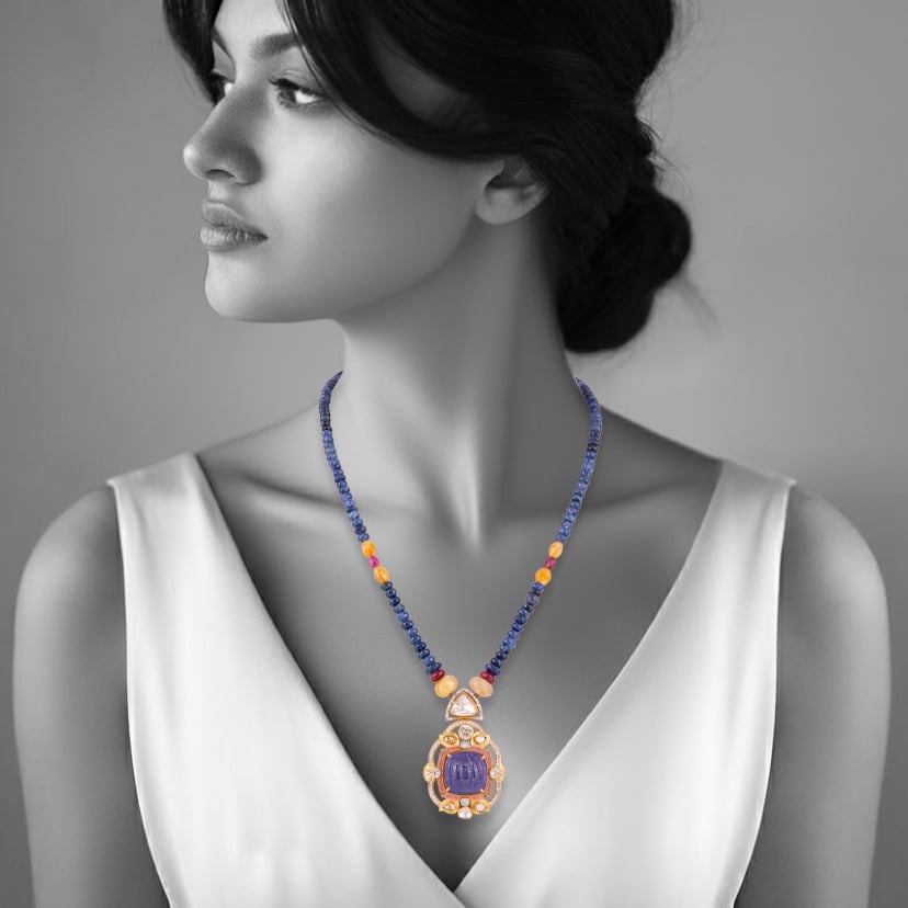 Carved Tanzanite Necklace with Polkis ,Diamonds and Sapphire Beads